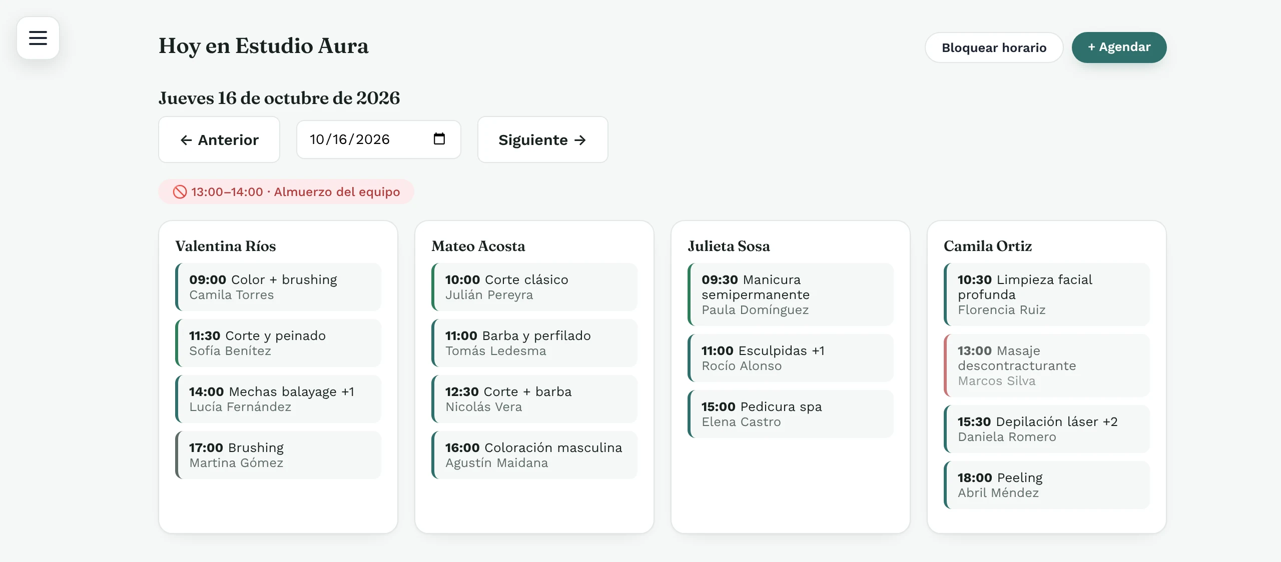 Agenda del día con los turnos de cada profesional
