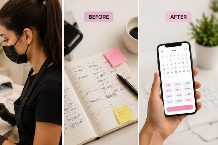 Antes: agenda de papel llena de anotaciones. Después: la misma agenda, ordenada en el celular