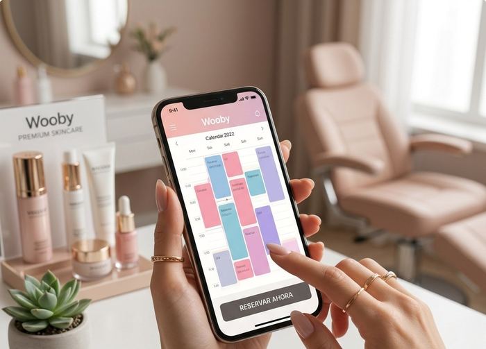 Profesional de estética mostrando la app de reservas en el celular